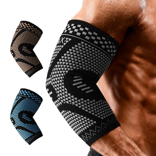 INDEEMAX Copper Elbow Compression Sleeve, 2 Pack Elbow Brace for Tendonitis and Tennis Elbow for Women & Men, Elbow Sleeve for Golfers, Joint Pain Relief, Arthritis, Bursitis, Workout, Weightlifting (Grey Black, Large)