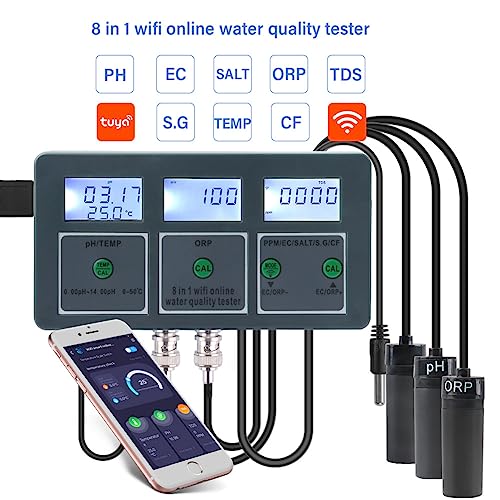 8 in 1 WiFi Smart Water Quality Tester - Monitor pH, EC, TDS, SALT, S.G, CF, ORP, Temperature for Aquariums, Pools, Hydroponics