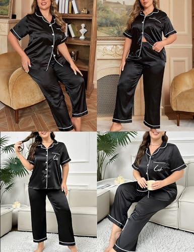 SWOMOG Women's Plus Size Pajamas Silk Satin Pajama Set Short Sleeve Shirt with Full-Length Pants Pjs Sleepwear Set 18W-26W4
