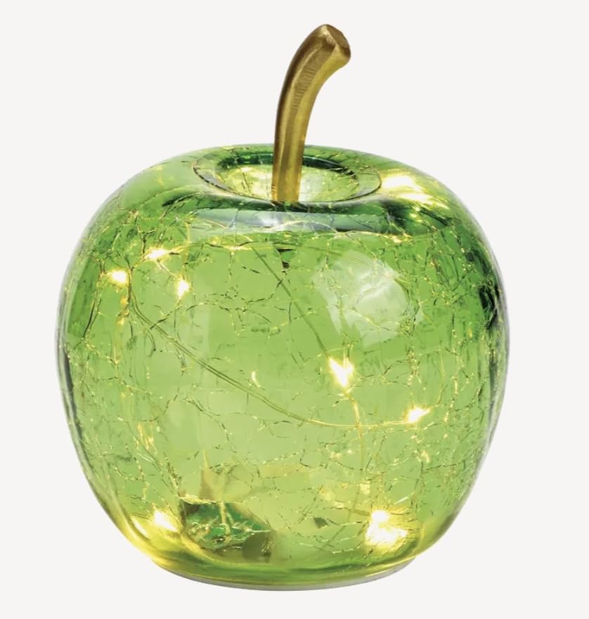 Seyila Home Dekorative Glas Apfel Leuchte mit LED Beleuchtung und Timer (unten), Crackle-Effekt Glas, Goldener Stiel, Weihnachtsdeko, Lampe (Hellgrün, 11 cm)
