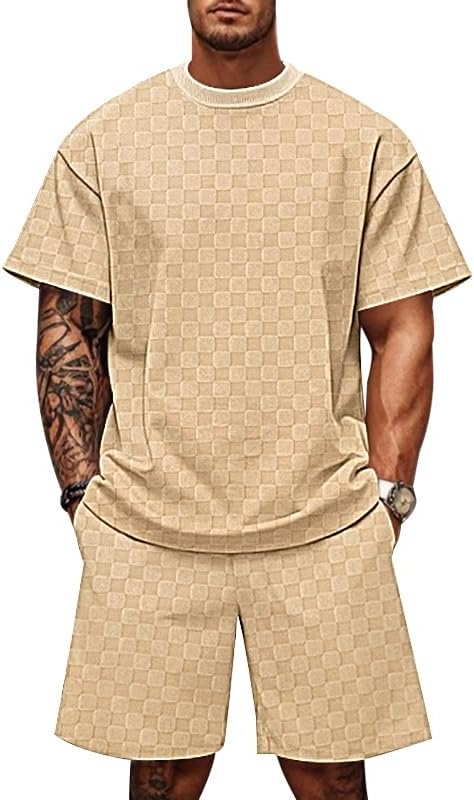 Men's 2 Piece Set Summer Outfits Casual Geometric Texture Short Sleeve Shirt and Shorts Track Suits for Men Set
