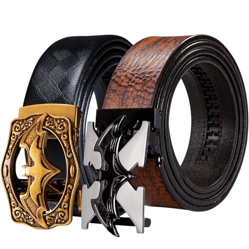 Barry.Wang Ratchet Belt 2 Pack Leather Mens Buckle Gift Set Brown Black Gold Bat Belts Automatic Buckles 1 3/8