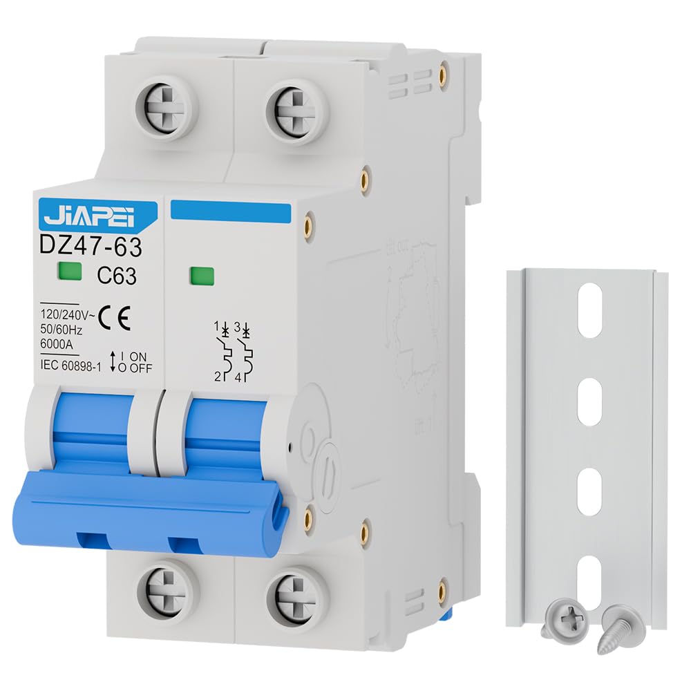 AC Miniature Circuit Breaker, 120V/240V 2 Pole 63 Amp DIN Rail Mount Circuit Breaker, MCB C63 Solar AC Disconnect Switch,Thermal Magnetic Trip