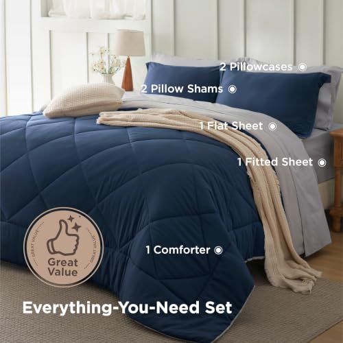 Image of Bedsure King Size Comforter Set - 7 Pieces Reversible Navy Bedding, King Size Bed Set for All Seasons, Bed in a Bag with Down Alternative Comforter, Sheets, Pillowcases & Shams
