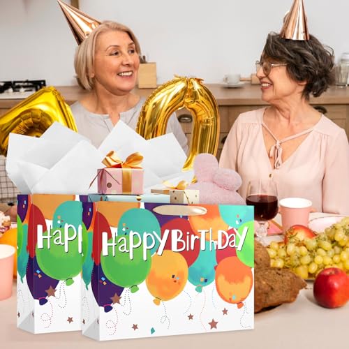 Image of JMANNI Large Happy Birthday Gift Bag with Tissue Papers and Greeting Card,Portable Paper Gift Bags with Handles,Present Bags for Women Men Birthday Party Supplies 13 inch x10.2 inchx4.7 inch(Coloured Balloon)