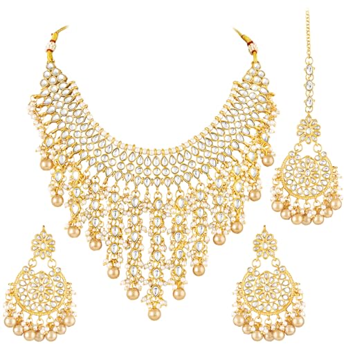 Image of Peora Kundan & Beads Studded Necklace Earrings & Maangtikka Set Ethnic Jewellery for Women & Girls