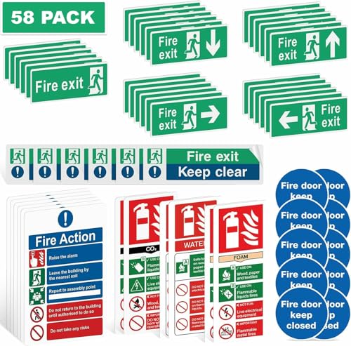 Image of Rubigo 30PK/58PK Fire Exit Signs (RIGHT, LEFT, UP, DOWN ARROW) Keep Clear, 30 X 10cm Fire Action Notice, Extinguisher Signs, Keep Shut, Self Adhesive Vinyl Sticker, Emergency Exit Door, Signage (58pk)