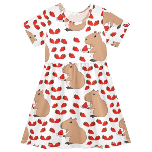 ALAZA Girls Summer Dress Short Sleeve Cute Capybara Animal Casual Girls Dresses for Kids 2-8Y