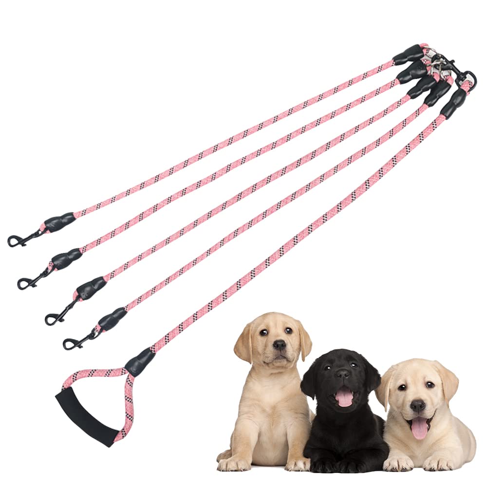 Dual Dog Leash 360° Tangle-Free - Reflective Heavy Duty, Comfortable Handle for Small/Medium/Large Dogs, Support Multiple Rope Addition (Pink 1, Four Leashes)