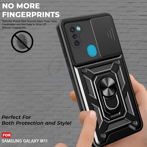 Image of AESTMO Tough Armor Samsung Galaxy M11 Bumper Back Case Cover | Ring Holder & Sliding Camera Shield Cover | 360 Degree Protection Back Case Cover for Samsung Galaxy M11 (Black)