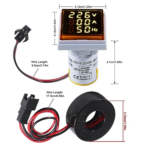 Image of Alinan 3 in 1 60-500V 0-100A AC Digital Ammeter Voltmeter, 22mm Square Digital Tube Screen with Transformer, LED Display Voltage Detector Current Tester Gauge(Yellow)