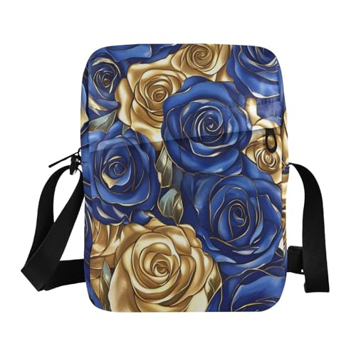 Blue and Gold Rose mens messenger bag Small Crossbody Bag For Women Casual Purse Adjustable Strap for School Travel