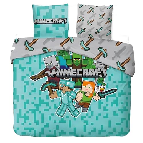 Parure Housse de Couette Minecraft en Coton 2 Personnes, Parure de lit Réversible 240x220 cm, 2 Taies d'oreiller 65x65 cm, 100% Coton (Parure de lit Minecraft...