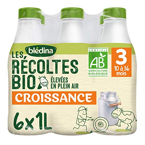 Blédina - Les Récoltes Bio Croissance - Lait Bébé Bio - Lait en Poudre Bio - De 10 à 36 Mois - 6 Bouteilles de 1L