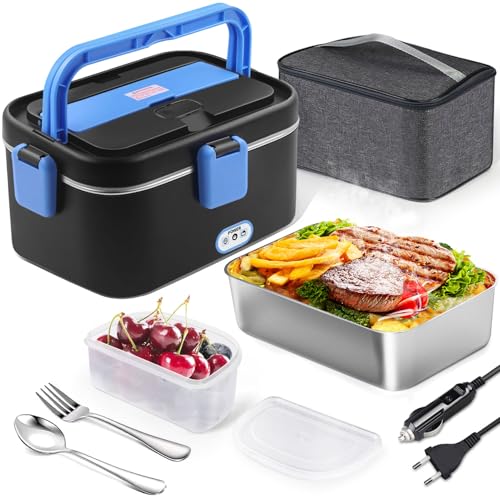 AUTOPkio Fiambrera Eléctrica 1.8L, 12V 24V 220V Fiambrera Termica 80W Gran con Bolsa Acero Inoxidable Tenedor Cuchara para Oficina Coche Camión (Negro-Azul)