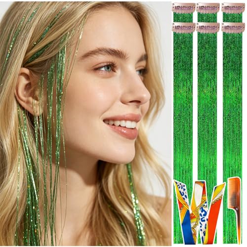 CELINABELLA Forest Green Hair Tinsel Clip-in 23Inch 70Strands Heat Resistant Emerald Sparkle Hair Extensions 6PCS with Comb & Ribbon for Women Teens Holiday Party Boho