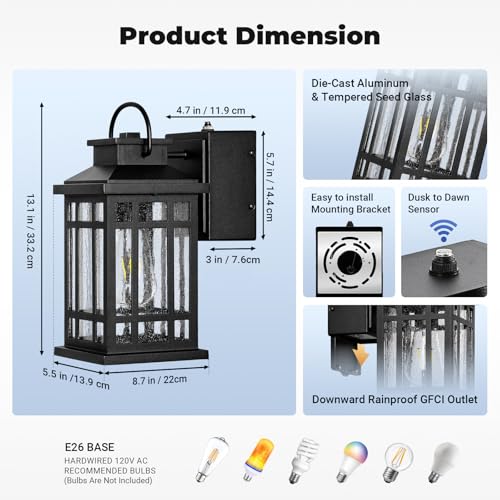 Image of Outdoor Wall Light Fixtures with GFCI Outlet, Black 2-Pack Dusk to Dawn Outside Lighting Fixture, Waterproof Anti-Rust Exterior Lights Fixtures, Porch Light for Front Door, Garage, Backyard