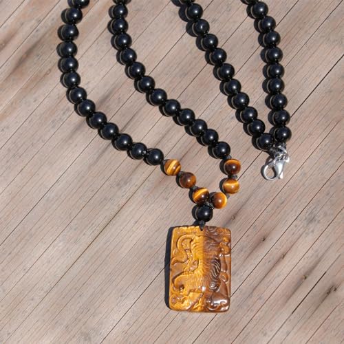 Protection Crystal Tigers Eye Necklace for Men - Real Tiger Eye Crystal Black Obsidian Beaded Men's Necklace, Hand Carve Healing Stone Lucky Amulet Pendant Necklace Valentines Gifts for Him3