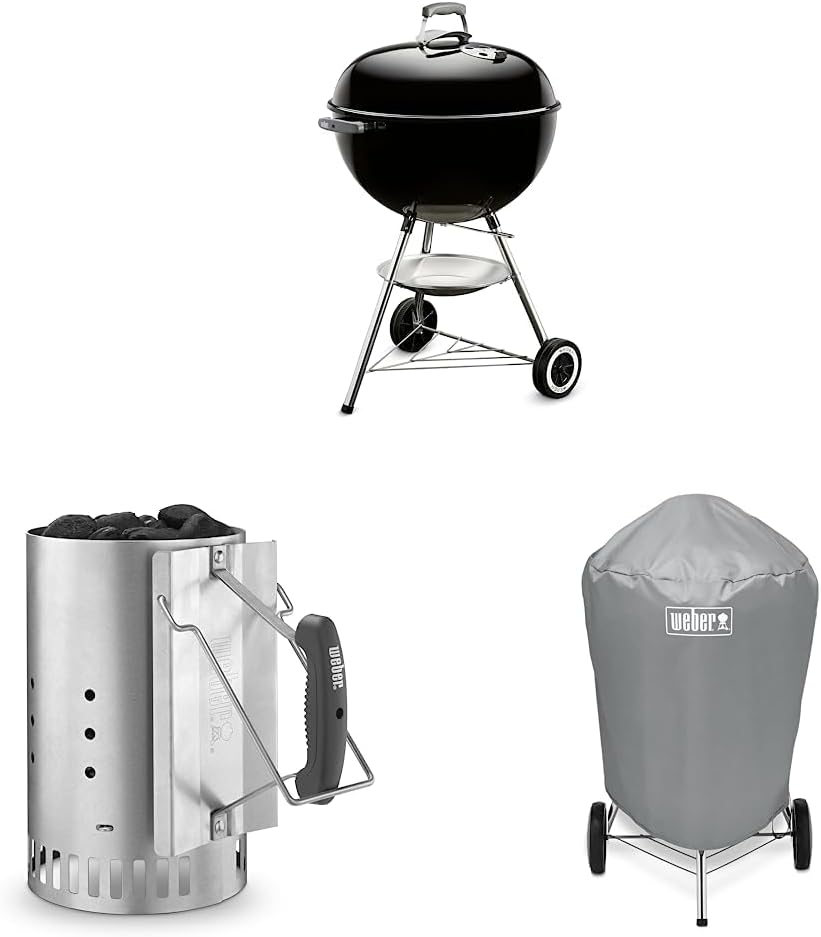 Weber Original Kettle 22-Inch Charcoal Grill & Rapidfire Chimney Starter, Standard, Silver & 22 Inch Charcoal Kettle Grill Cover