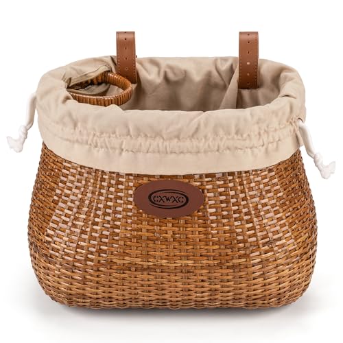CXWXC Panier de vélo - Paniers de vélo en rotin faits à la main pour filles et femmes - Panier de vélo avant avec porte-tasse à café pour Beach Cruiser, scooter,...