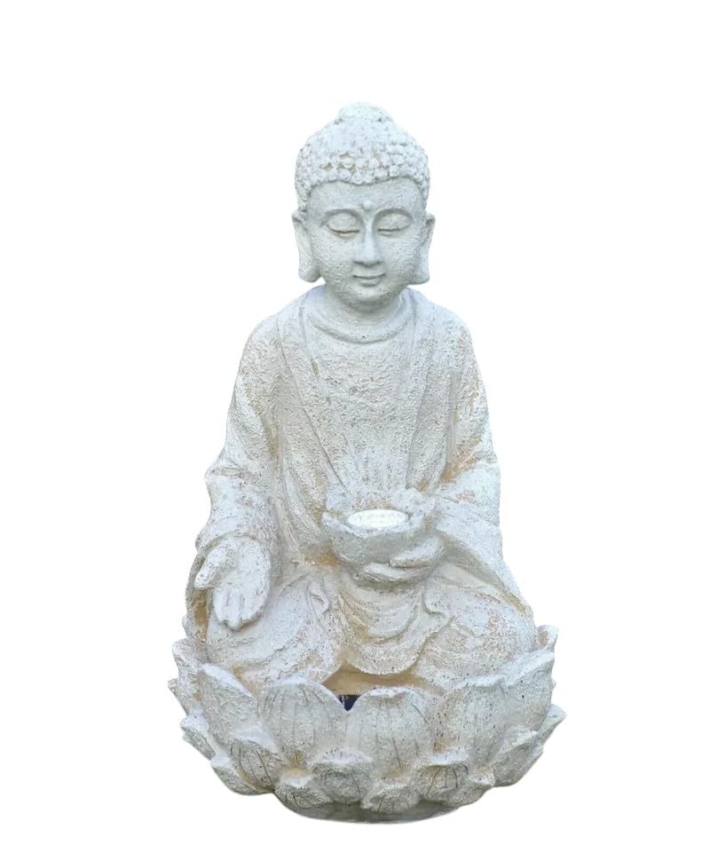 HH Home Hut Solar Sitting Buddha Garden Ornament Stone Zen Effect Outdoor/Indoor Statue with Solar Powered Tealight - Thai Style Meditation Decoration