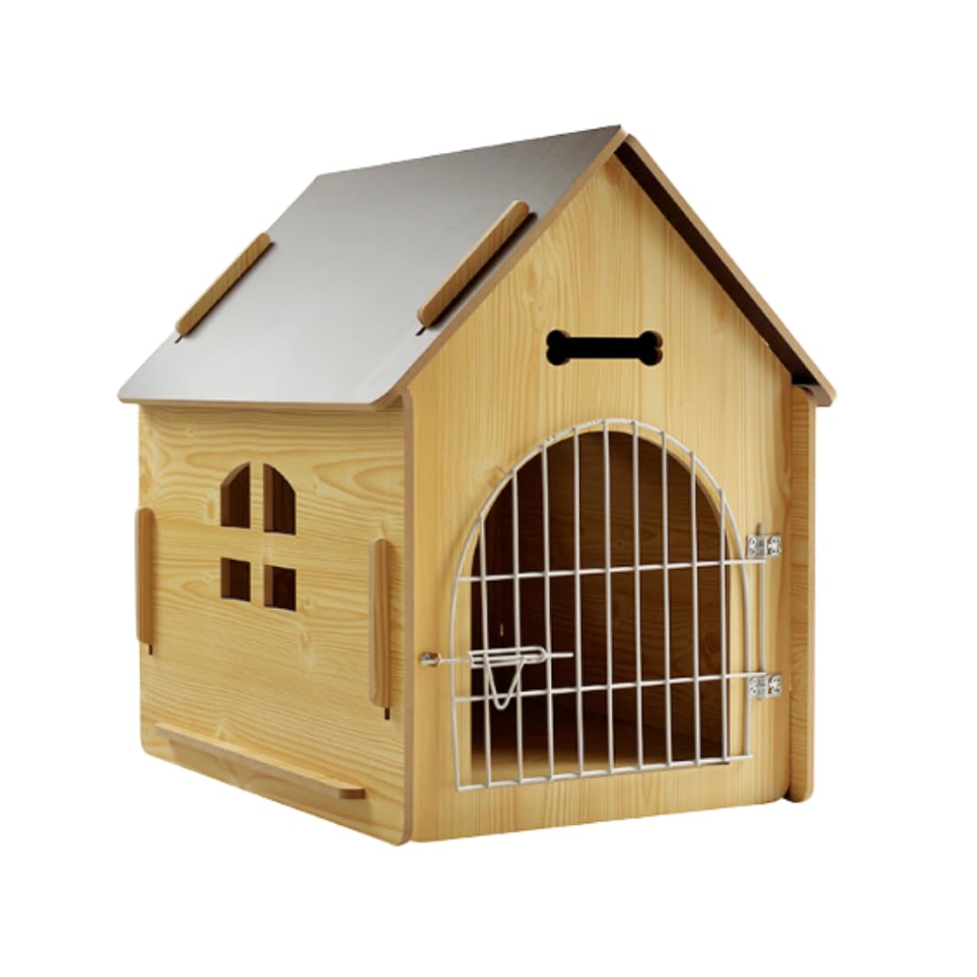Jaula de madera resistente para perros extragrandes, caseta con puertas dobles, elegante y duradera casa para perros con puertas con cerradura (L, color madera de pino rojo)