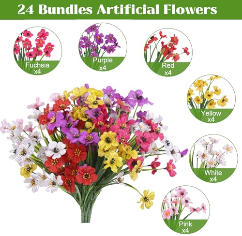 Image of Bassion 24 Bundles Artificial Flowers for Outdoors Decorations, Mixed