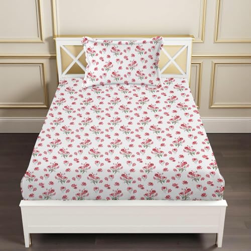 Image of 240 TC Soft Ezyption Floral Single Bed Sheet Cotton - Single bedsheet with 1 Pillow Cover Hypoallergenic, Brethable, (Size- 60 x 90 Inch | Red White