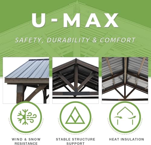 U-MAX 14' x 12' Hard-Top Wood Gazebo with Polycarbonate Roof for Garden & Backyard, Black-Brown & Natural Wood Finish