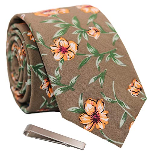 Image of Men's Skinny Tie Floral Cotton Necktie and Tie Bar Clip Sets, Great for Weddings,Groom,Groomsmen