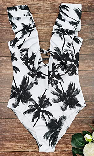 Image of Binlowis V Neck Ruffle One Piece Swimsuit Ladies Floral Print Sexy Belt Bathing Suit Tie Swimwear