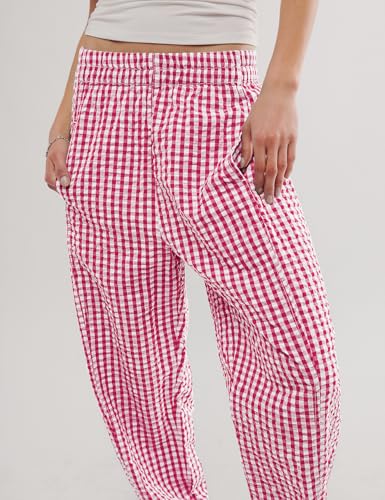Image of PEHMEA Cotton Gingham Boxer Pants for Women Casual Plaid Harem Trousers Y2K Beach Lounge Bottoms with Pockets