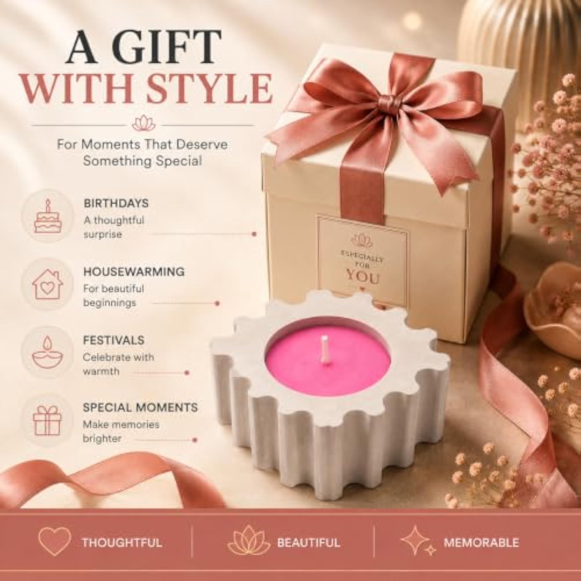 Square Sculptural Pink Wax Candle, Wavy Fluted Design