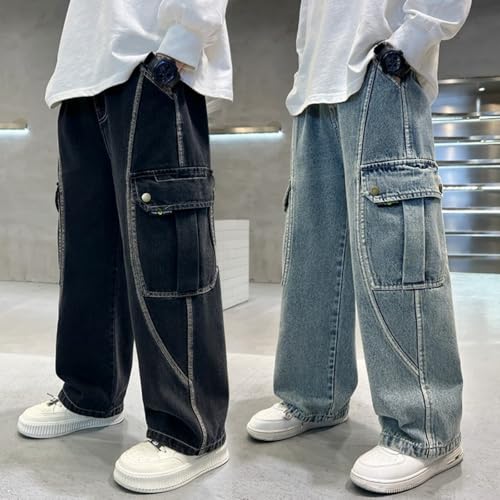 Kids Boys Baggy Cargo Jeans Wide Leg Elastic Waist Denim Pants Casual Irregular Sutures Pants with Multi-Pocket4