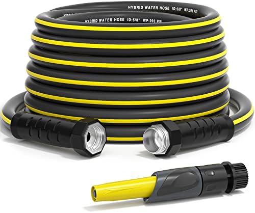 GREENER Heavy Duty Garden Hose 50ft, 5/8" Flexible Hybrid Rubber Hose, Kink-resistant Water Hose with Leakproof Swivel Grip, 3/4in Solid Fittings and Functional Nozzle, For Outdoor Garden Lawn