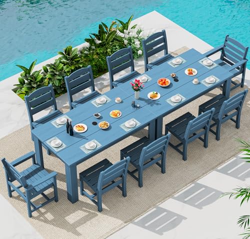 Image of SERWALL 59 inch HDPE Outdoor Dining Set for 10, w / 2 Tables & 10 Chairs, Blue | All Weather Resistant HDPE Dining Sets for Patio, Garden, Backyard