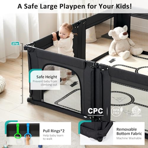 Image of Doradotey Adjustable Baby Playpen with Adult Door, Foldable Large Playpen for Babies and Toddlers, Breathable Mesh Indoor Baby Playard, Safe Fence, 79 x 71 Inch, Black