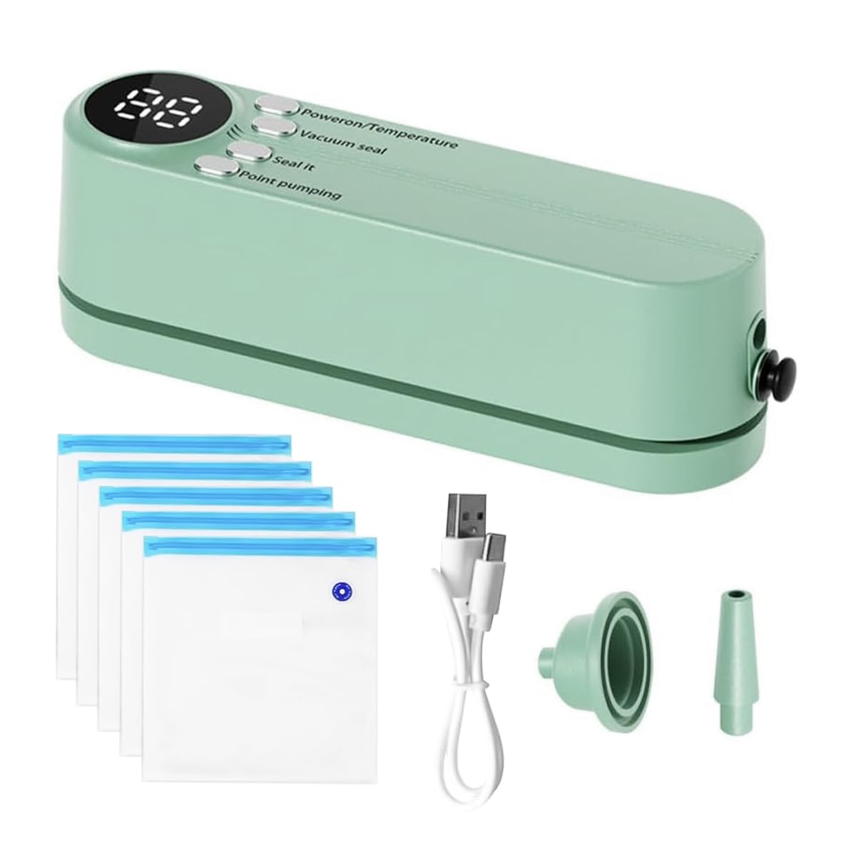 Przenośna mini zgrzewarka próżniowa (60 kPa) – 3 poziomy temperatury, 5 worków + adapter do pompowania/odsysania powietrza (przechowywanie przekąsek/żywności)