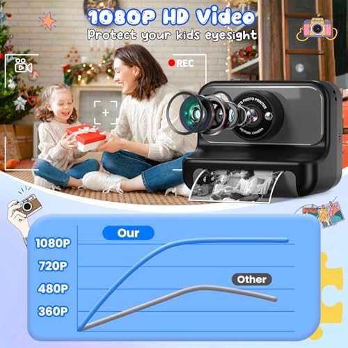 Image of Kids Camera Instant Print, Christmas Birthday Gifts for Girls and Boys | Kids Camera 1080P HD Video Digital Camera, Toddler Toy for 3-12 Years Old, Black