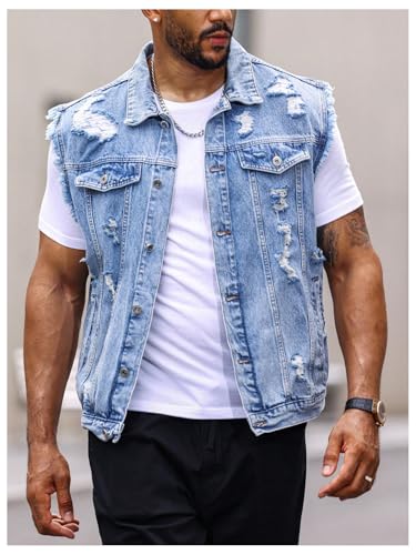 Floerns Men's Distressed Ripped Jean Vest Sleeveless Button Front Denim Vest Jacket3