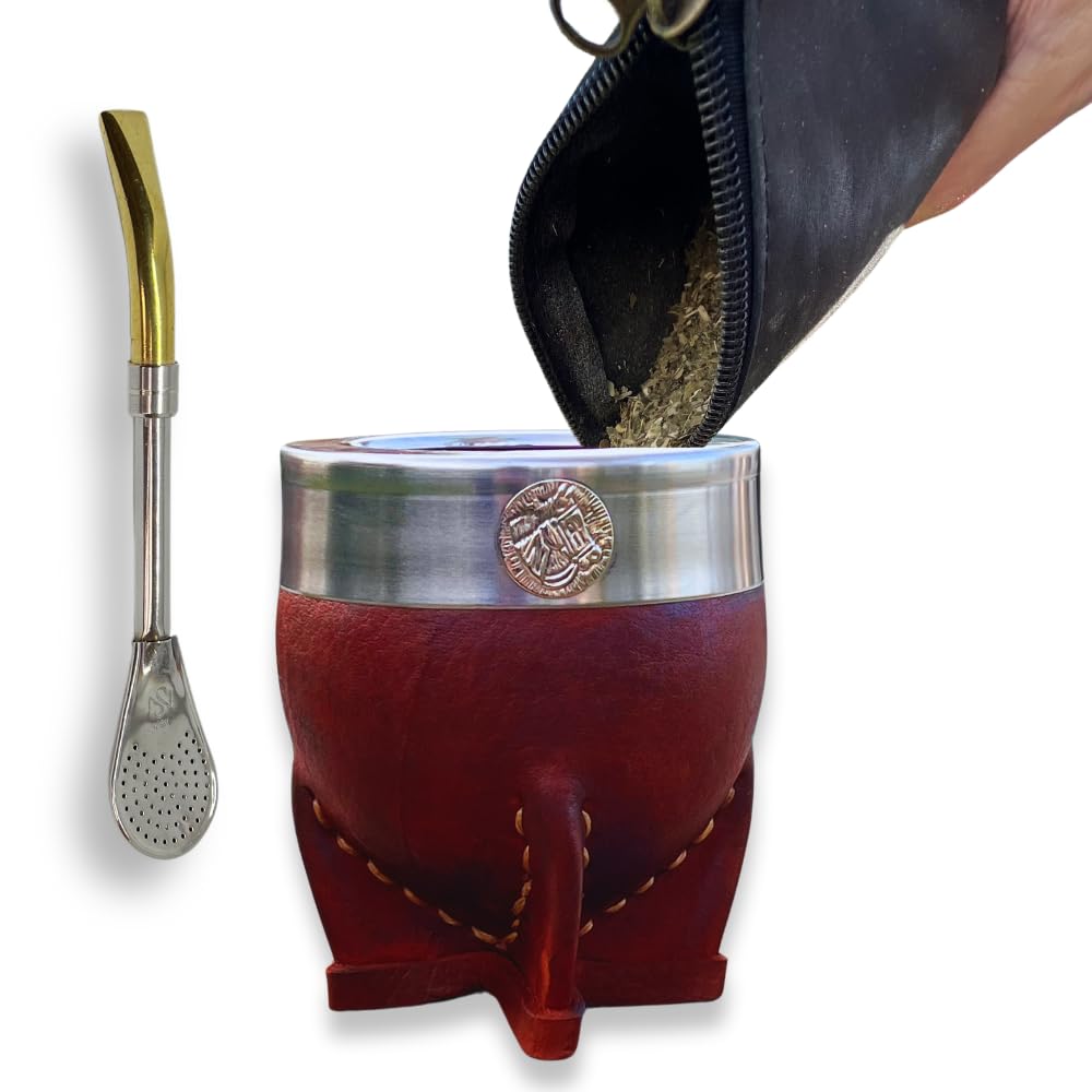 Hide & Smile Imperial Premium - Kit de mate hecho a mano, juego de taza y bombilla de acero inoxidable, auténtico té argentino de calabaza, incluye pajita, recuerdo de Argentina, diseño original