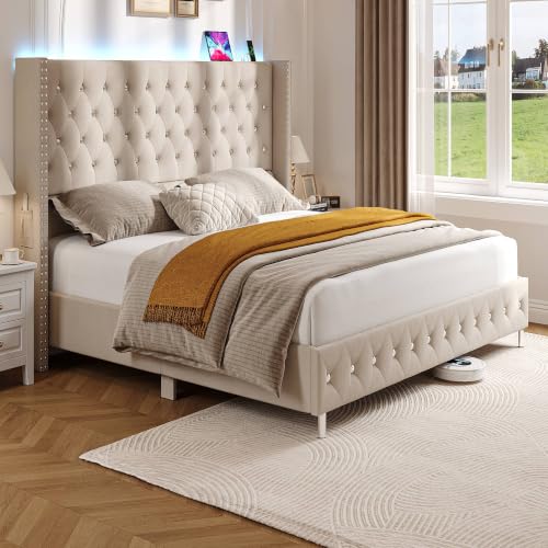 Hlivelood Queen LED Upholstered Bed Frame with Wingback Headboard, Velvet Diamond Button Tufted Bed Frame w/USB&Type-C Ports, Pocket and LED Lights, Wood Slats Support, No Box Spring Needed, Cream