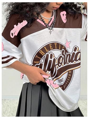 Image of BEAUDRM Girl's Jersey Shirts Leopard Number Print Jersey Shirt Cheetah V Neck Half Sleeve Oversized Tee Tops
