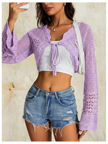 Image of OYOANGLE Women's Crochet Tie Front Sweater Cardigans Bell Sleeve Knitted Cropped Bolero Shrug Cardigan