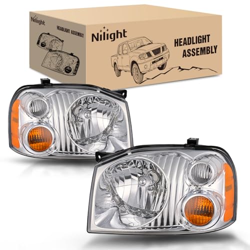Nilight Headlight Assembly Compatible with 2001 2002 2003 2004 Nissan Frontier XE OE Style Replacement Halogen Headlights Chrome Housing Amber Reflector Headlamp Passenger and Driver