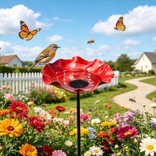 LTFIOON Bain d‘Oiseaux sur Tige en Métal, Abreuvoir à Oiseaux en Forme de Fleur – Fontaine pour Oiseaux Extérieur avec Point d’Eau pour Abeilles –...