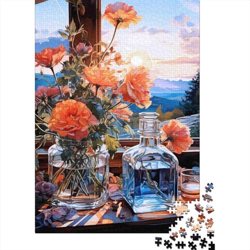 Puzzle de 1000 piezas para adultos, jarrón de vidrio con flores y ventana