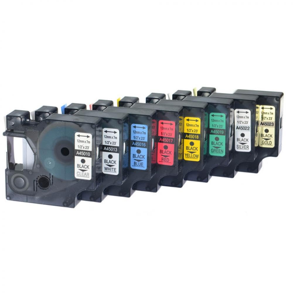 Nastro per etichette compatibile con D1 45010 45013 45018 45020 8 pezzi 12 mm Stampa nera su bianco trasparente Rosso Blu Giallo Verde