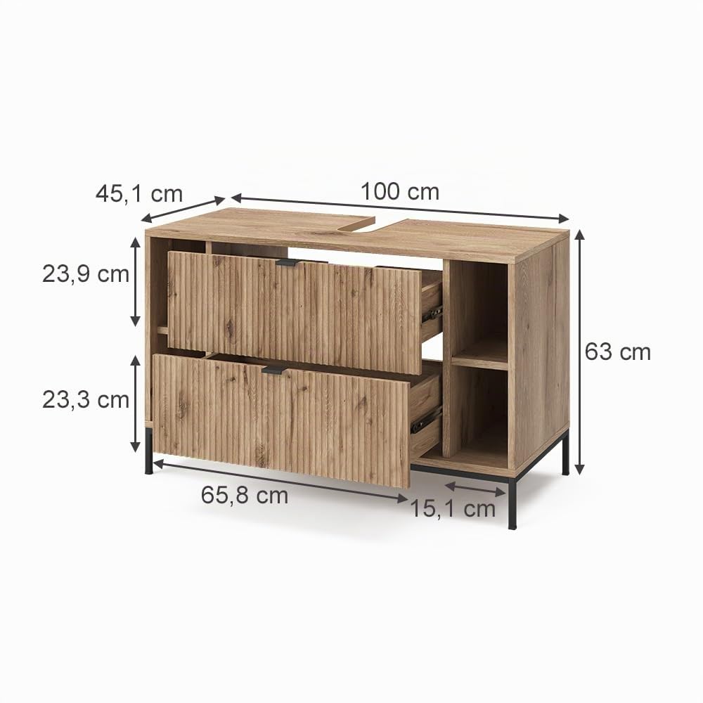 Vicco Mueble bajo Lavabo Eliza, Roble Vikingo, 100 x 63 cm | Con 2 cajones extraíbles, para instalación bajo el lavabo y compatible con la serie Eliza