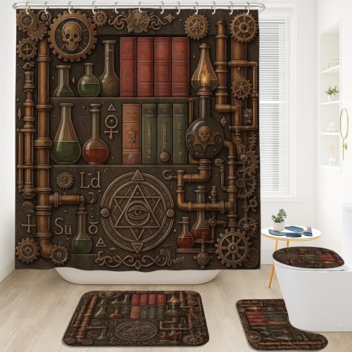 Tapis de bain marron et rideau de douche steampunk étanche